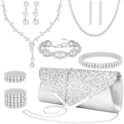 NEWITIN Purse Rhinestone Jewelry Set for Women Prom Jewels Crystal Clutch Purse Necklaces Rings Bracelets Earrings Gold Silver Jewelry Set for Women Bride - color: 11 Pieces Silver