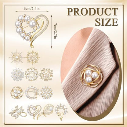 12 Pcs Women Brooches Bulk Vintage Rhinestone Pin Set - style: Pearl