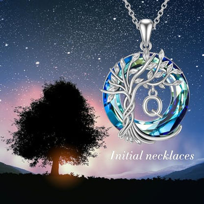 TOUPOP Gifts for Women Tree of Life Initial Necklace 925 Sterling Silver Letter Pendant with Blue Crystal Birthday Jewelry Gifts for Women Her Mom Wife Daughter - color: Tree of Life Q Initial