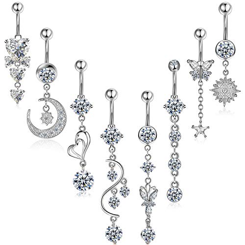 Hicarer 8 Pieces 14G Belly Button Rings Steel Long Dangle Navel Ring CZ Body Piercing Jewelry - color: Silver