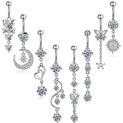 Hicarer 8 Pieces 14G Belly Button Rings Steel Long Dangle Navel Ring CZ Body Piercing Jewelry - color: Silver