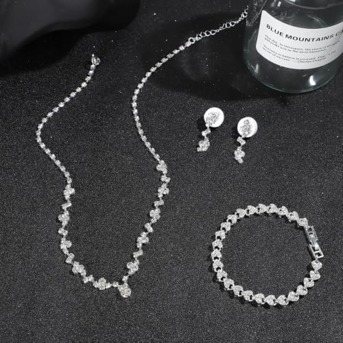 NEWITIN 4 Pieces Crystal Jewelry Set for Women Wedding Costume Accessories | Hypoallergenic, Cubic Zirconia, Necklace Earrings Bracelet, Tennis, Silver Jewelry for Wedding Bride Bridesmaid Party Prom - color: Silver Beauty