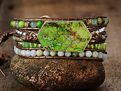 Women Wrap Bracelets Boho Natural Stone Jasper Turquoises Strand Bracelet Jewelry Collection - color: Emperor Turquoise