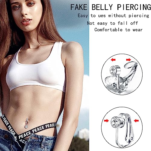 5Pcs Gold Fake Belly Piercing Fake Belly Ring for Women Fake Belly Button Piercing Clip On Belly Button Rings Fake Navel Ring Non Piercing - style: white stone-silver
