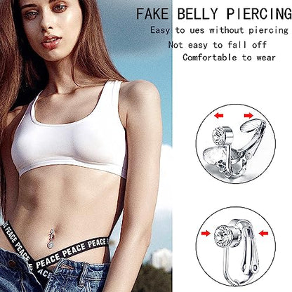 5Pcs Gold Fake Belly Piercing Fake Belly Ring for Women Fake Belly Button Piercing Clip On Belly Button Rings Fake Navel Ring Non Piercing - style: white stone-gold