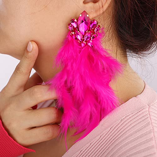 Denifery Long Feather Earrings Bohemian Earrings Multicolor Tassel Handmade Feather Earrings Dangling Earrings for Women (Rose Red) - color: Rose Red