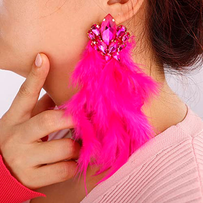 Denifery Long Feather Earrings Bohemian Earrings Multicolor Tassel Handmade Feather Earrings Dangling Earrings for Women (Rose Red) - color: Rose Red