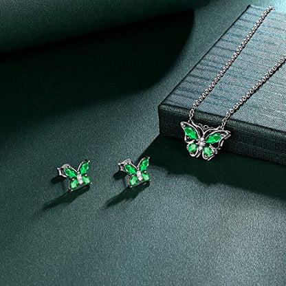 925 Sterling Silver Birthstone Butterfly Jewelry Women Crystal Animal Cute Butterflies Birthday Necklace/Earring/Ring/Bracelet Sets Birth Stone Statement Anniversary Jewellery - color: 1-E.May-Emerald