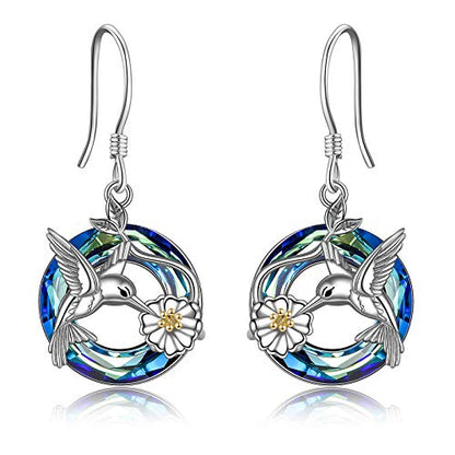 POPLYKE Dragonfly Butterfly Hummingbird Sunflower Earrings 925 Sterling Silver Abalone Shell Moonstone Leverback Earrings Jewelry - style: Hummingbird Crystal B