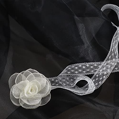 Black Choker Camellia Flower Lace-up Necklace For Women - color: Creamy White