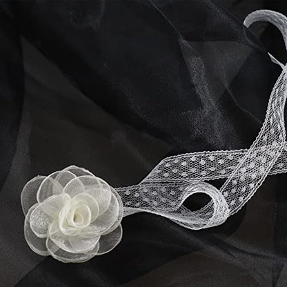 Black Choker Camellia Flower Lace-up Necklace For Women - color: Creamy White
