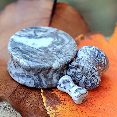 Pierced Owl - Grey Wave Jasper Natural Stone Saddle Plugs, Sold as a Pair - style: 19mm (3/4")