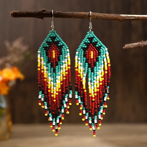 Bohemian Tassel Colorful Beaded Earrings For Women Trendy, Long Fringe Feather Drop Jewelry Handmade Gifts. - color: color10
