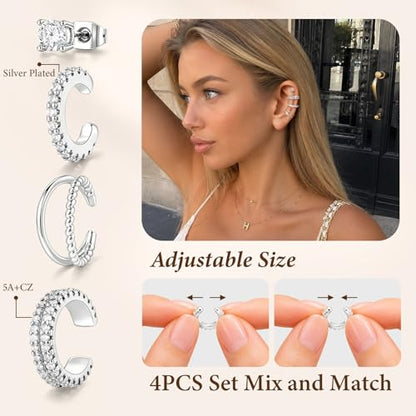 4PCS 14K Gold Plated Ear Cuffs, Ears Clip On Earrings for Women | Adjustable Non Piercing Ears Clip Design, Sparkling Cubic Zirconia, Stackable Single Wear, Gift Box For All Occasions - color: SILVER