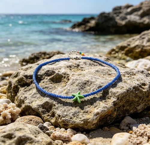 Seed Bead Choker Necklace for Women Bohemian Tiny Beads Choker Colorful Rice Bead Starfish Choker Summer Surfer Beach Necklace Jewelry Gift - color: Blue