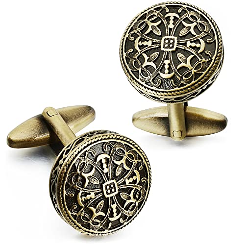 HAWSON Cufflinks and Studs for Men-Fashion Men Vintage Enamel Carbon Fiber Tuxedo Shirt Cufflinks and Studs Set for Regular Wedding Business Accessories - color: Bronze Gold Hollow Flowers Cufflinks