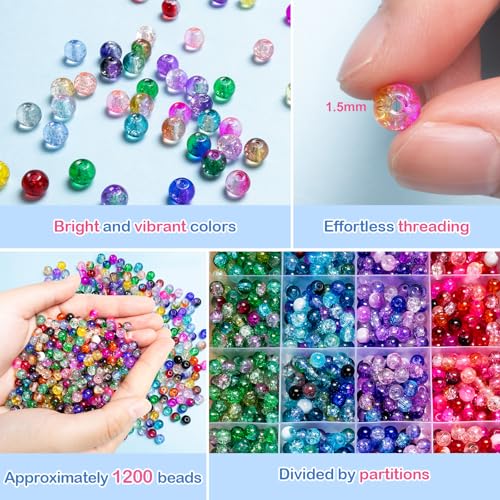 XSEINO About 144 Colors 1200PCS 6mm Glass Beads Bracelet Making Set, 6 Styles of Mixed Crack Beads for Bracelets, Jewelry, and DIY Making - color: Mixed Crackle Beads
