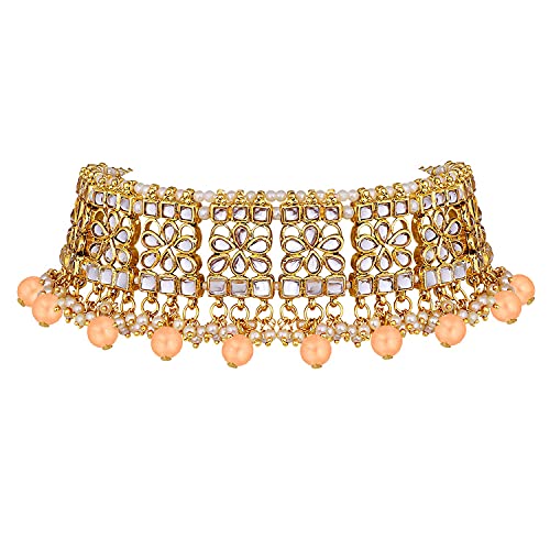 Aheli Elegant Indian Faux Kundan Studded Choker Necklace with Maang Tikka Set Ethnic Wedding Wear Bharatanatyam jewellery set Gift for Women - color: Peach