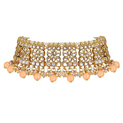 Aheli Elegant Indian Faux Kundan Studded Choker Necklace with Maang Tikka Set Ethnic Wedding Wear Bharatanatyam jewellery set Gift for Women - color: Peach