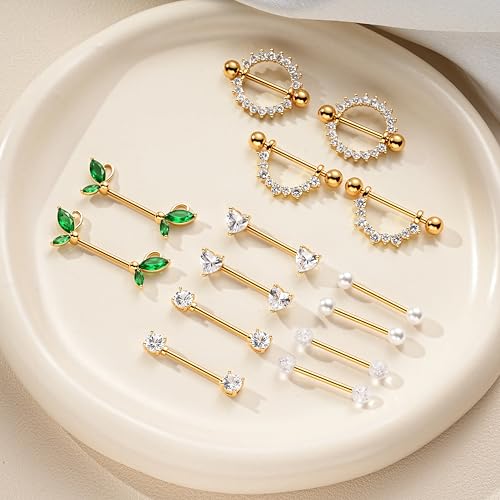 G&O JFU 7 Pairs 14G Nipple Rings Set – Stainless Steel Straight Barbell with CZ Stones, Gold Plated & Silver Tone, Butterfly Back Pink Nipple Piercing Jewelry for Women - color: Gold Plated Clear Nipple Piercing Jewelry