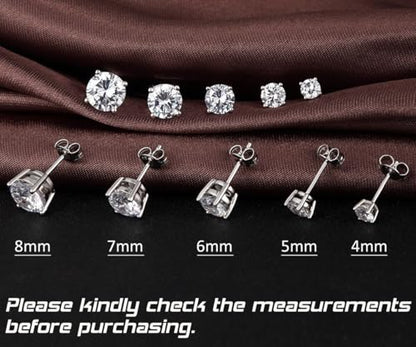 Jiamiaoi 18K White Gold Plated Stud Earrings 925 Sterling Silver Round and Square Cut Princess Cut 5A+ Cubic Zirconia Stud Earrings 4mm to 8mm Fashion Jewelry for Men Women - color: A-Round Cut-Silver, size: 6mm