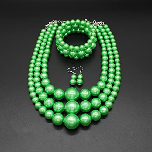Big Chunky Pearl Necklace and Earrings Set Large Costume 1920s Faux Pearls Gatsby Accessories - color: A-Green