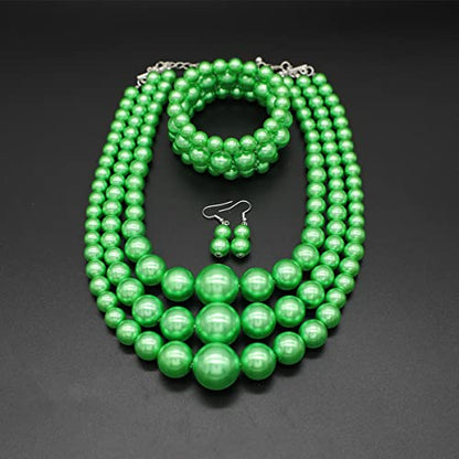 Big Chunky Pearl Necklace and Earrings Set Large Costume 1920s Faux Pearls Gatsby Accessories - color: A-Green