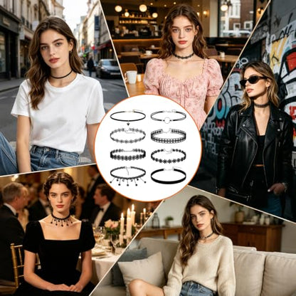 90s Classic Gothic Tattoo Lace Chokers, 8 Pcs Black Velvet Choker Necklaces for Women, Adjustable Retro Grunge Punk Chokers for Cosplay Christmas Halloween Concert Birthday Party