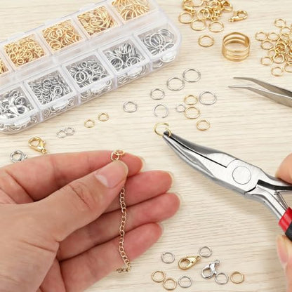 1200 Pcs Open Jump Rings, Jump Rings for Jewelry Making, Necklace Keychain Repair Kit with Making Tools Tweezer, Plier, Lobster Claw Clasps, Open Rings for DIY Crafts Keychains - color: Sliver+Gold