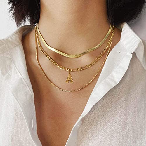 14K Gold Plated Initial Necklaces for Women Men A-Z Letter Necklaces | Figaro Chain, 16"+2" Adjustable Length, with Gift Box - style: O