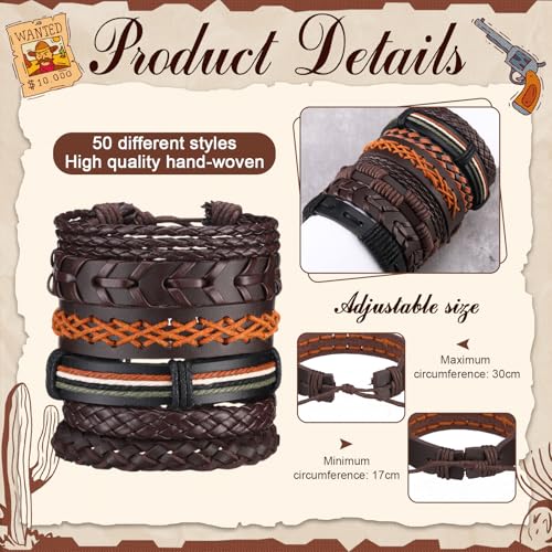 Equsion 50 Pcs Braided Leather Bracelets for Men Women Wrap Wooden Bead Cuff Bracelet Hemp Cords Ethnic Tribal Handmade Wrap Wristband Bracelets Set Adjustable for Personal Wearing