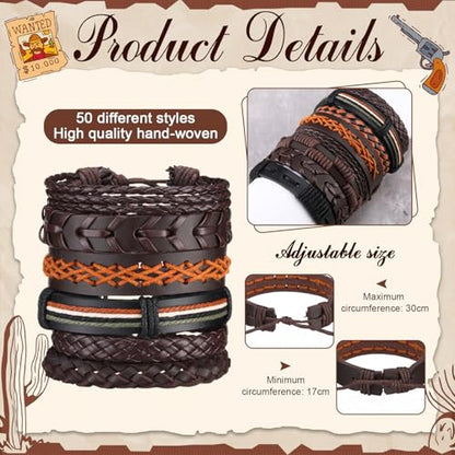 Equsion 50 Pcs Braided Leather Bracelets for Men Women Wrap Wooden Bead Cuff Bracelet Hemp Cords Ethnic Tribal Handmade Wrap Wristband Bracelets Set Adjustable for Personal Wearing
