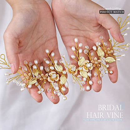 Flower Bride Wedding Hair Accessory Crystal Headpiece Hair Vine | Silver Leaf Bridal Hair Accessories Pearl Headpieces for Women - color: Gold