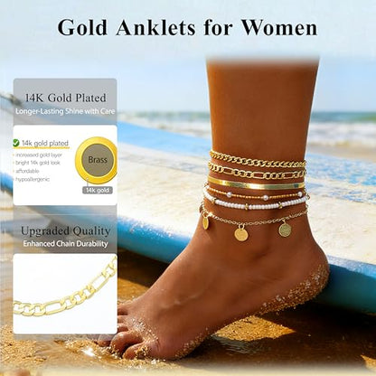 FAXHION Gold Anklets for Women Waterproof, Adjustable Boho Stacking Dangle Coin White Bead Cuban Link Chain Anklets Set, Summer Layered Beach Jewelry Gift for Women - color: Gold-Cuban Chain & Coin