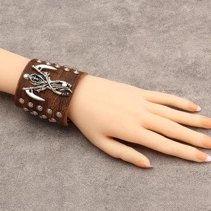 JAOYU Punk Leather Cuff Bracelet Goth Leather Wristband Rock Bracelet Biker Bracelet for Men Leather Armband Black Handmade Jewelry - color: Death Skull Bracelet Brown