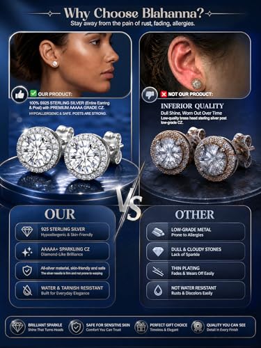 2 Pairs S925 Sterling Silver Stud Earrings for Women Halo Cubic Zirconia | 14K Gold Plated Hypoallergenic Non Tarnish Round Square Silver Stud Earring for Women Men Dainty Trendy Jewelry - style: Silver-Larger Stone