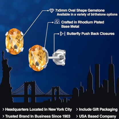 Gem Stone King Oval Gemstone Birthstone Stud Earrings for Women Men | Oval Cut 7X5MM | Fine Jewelry Gifts for Mom Dad Wife Him Her - style: Citrine-Checkerboard, November