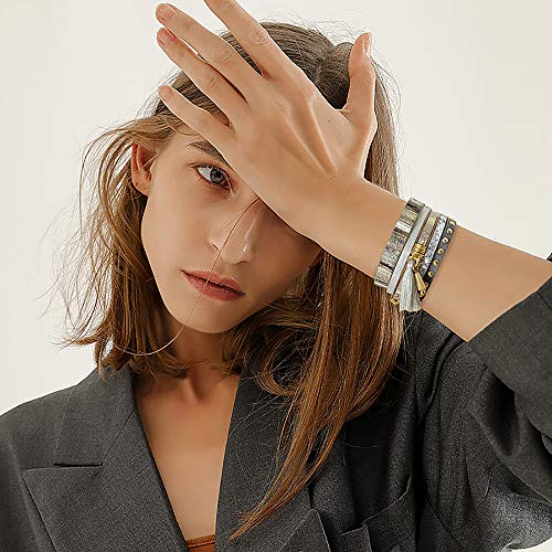 Wowanoo 3Pack Leather Cuff Bracelet Set Multilayer Wrap Bracelet Crystal Feather Tree Bracelet Magnetic Clasp Bracelet for Women - color: Grey