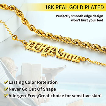 ChainsHouse Double Layer Anklet Bracelet for Women,Adjustable Chain Anklets Stackable Dainty Anklets,Stainless Steel/Gold Plated/Black Ankle Jewelry Gifts - color: B-Gold Plated-Rope Chain