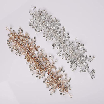 Silver Hairband for Wedding, Big Flower Vine Leaf Headband Rhinestone Headpiece for Bride Bridesmaid Flower Girl Wedding Prom Birthday Party - color: Silver