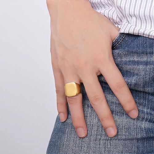 Stainless Steel Square Signet Rings for Men Women Gold/Silver Plain Pinky Thumb Ring, Gift for Dad Husband - color: Square Gold