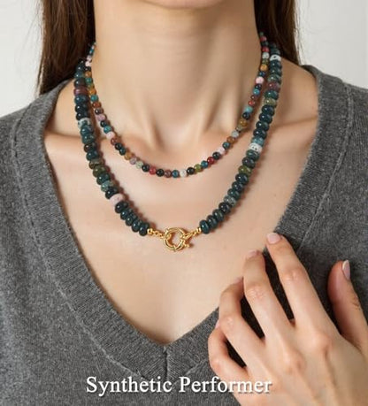 CASDAN 2Pcs Natural Gemstone Beaded Choker Necklaces for Women | Boho Colorful Beads Choker,Natural Stone Surfer Beach Necklaces,Handmade Summer Jewelry,Charm Trendy Necklaces - color: Greyish green