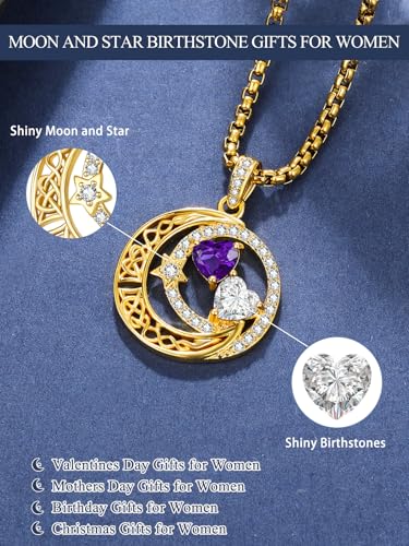 14K Gold Moon and Star Double Birthstone Necklace Gifts for Women | 2 Heart Birthstone Necklace,Mothers Day Wedding Anniversary Birthday Gifts for Wife Mom Daughter Grandma Sister - color: 02-04-Feb-Apr Birthstone