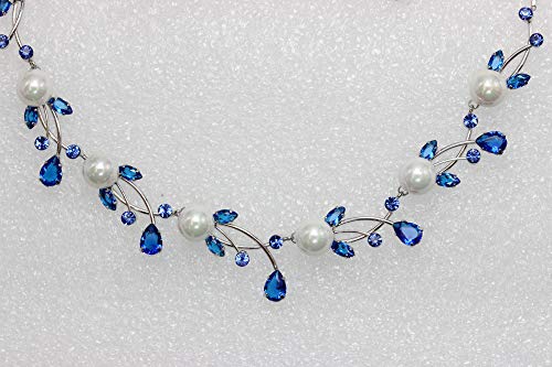 Faship Genuine 10mm Freshwater Pearls Floral Necklace Earrings Set | Premium CZ Crystal, Gorgeous, Sparkling - color: Blue