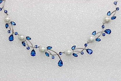 Faship Genuine 10mm Freshwater Pearls Floral Necklace Earrings Set | Premium CZ Crystal, Gorgeous, Sparkling - color: Blue