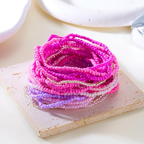 16-30Pcs Handmade Bohemian Colorful Crystal Seed Beads Stackable Adjustable Elastic Stretch Multilayerd Bracelets for Women Summer Vacation Beach Boho Bangle Jewelry - color: pink