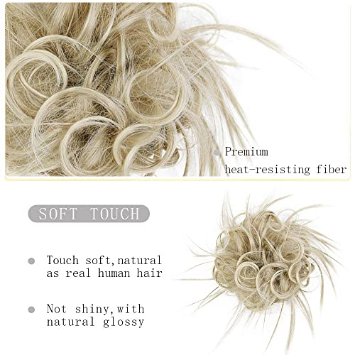 HMD Tousled Updo Messy Bun Hair Piece for Women Synthetic Hair Extension | Messy Bun Hair Piece with Elastic Scrunchie Synthetic Tousled Updos Ponytail Hairstyles for Daily Wear - color: Ash Blonde Mix Bleach Blonde(18t613#)