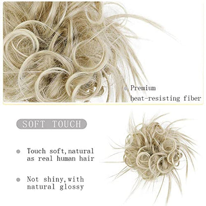 HMD Tousled Updo Messy Bun Hair Piece for Women Synthetic Hair Extension | Messy Bun Hair Piece with Elastic Scrunchie Synthetic Tousled Updos Ponytail Hairstyles for Daily Wear - color: Ash Blonde Mix Bleach Blonde(18t613#)