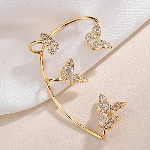 Luxury 3D Butterfly Cuff Earrings Ear Wrap Earrings Crystal CZ No Piercing Ear Clip Crawler Full Rhinestone for Women Wedding Jewelry - style: 1 Pairs Gold