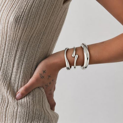 Chunky Gold Bangle Bracelets for Women Trendy 14K Gold Plated Cuff Bracelets Stack, Dainty Gold Bracelet Sets Non Tarnish Fashion Jewelry Gift - style: 3pcs-Silver
